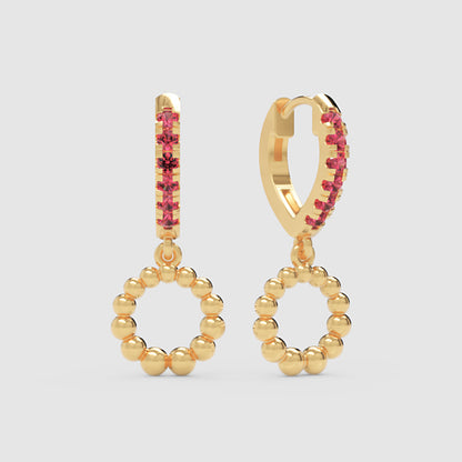 Pink Gemstone Huggie Hoop Earrings With Beaded Circle Drop Charms - Four