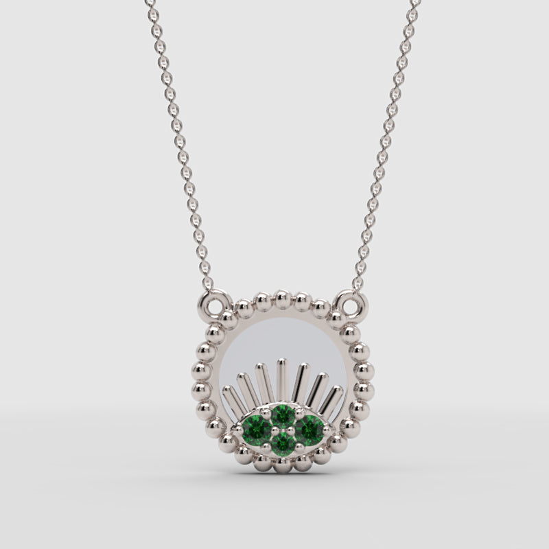 Beaded Evil Eye Pendant Necklace With Green Stones And Baguette Accents - One