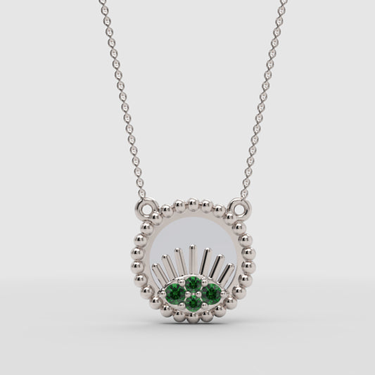 Beaded Evil Eye Pendant Necklace With Green Stones And Baguette Accents - One