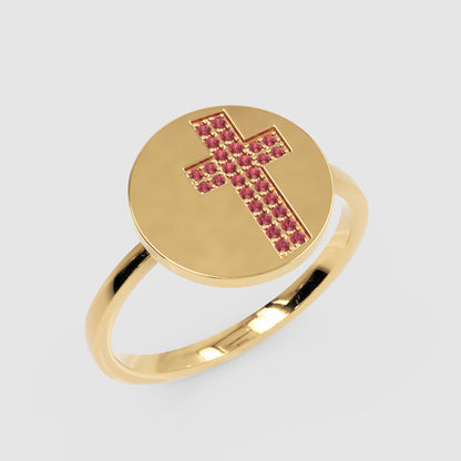 Ruby Cross Signet Disc Ring - Five