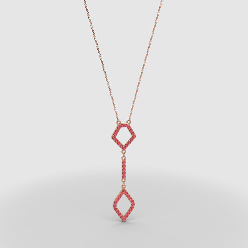 Lab-Grown Ruby Geometric Drop Pendant Necklace In Rose Gold | Adjustable 16–17 Inch Chain - One