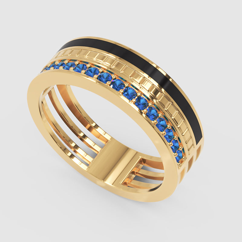 Gold Blue Sapphire Band Ring 6Mm With Black Enamel – Wide Statement Luxury Ring | Jebij - Five