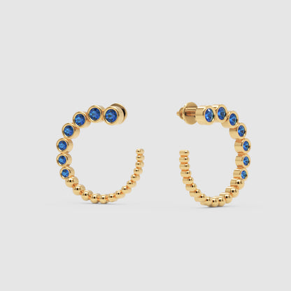 Blue Sapphire Beaded Circle Hoop Earrings With Screw Backs - Five