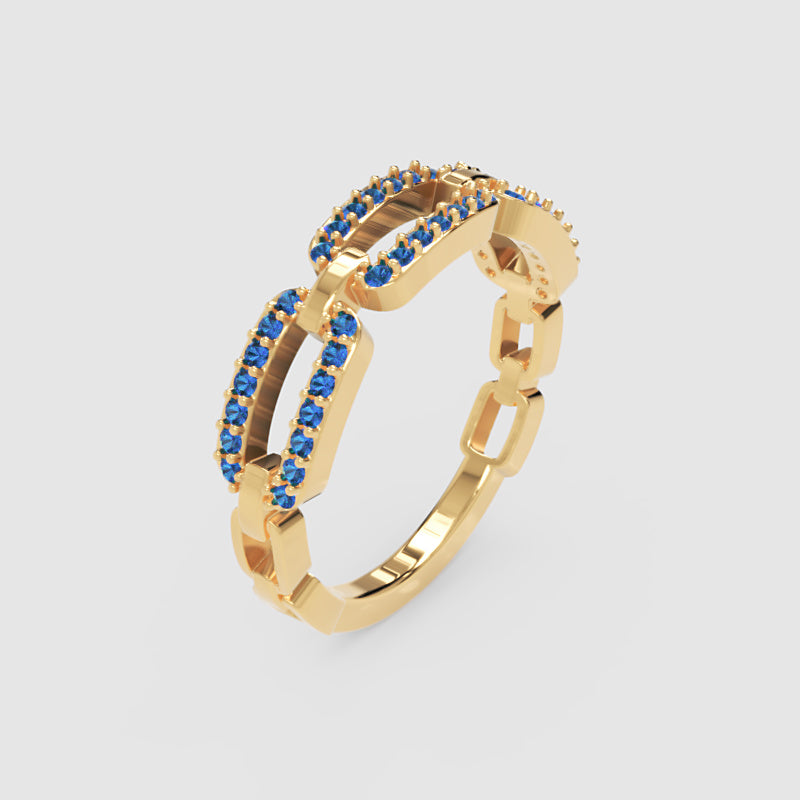 Lab-Grown Blue Sapphire Interlocking Link Ring in White Gold | Double Pave Luxury Chain Design Statement Ring for Women | Jebij