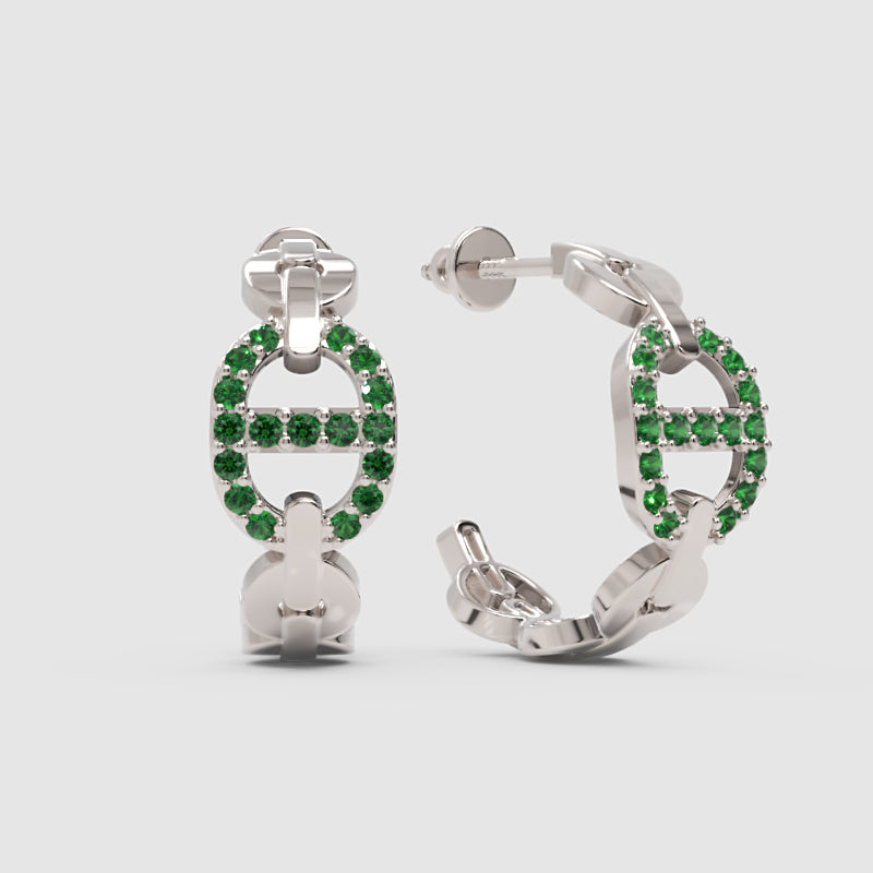 Green Lab-Grown Gemstone Hoop Earrings In Gold Finish – Modern Oval Link Huggie Design - Three