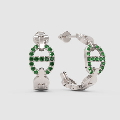 Green Lab-Grown Gemstone Hoop Earrings In Gold Finish – Modern Oval Link Huggie Design - Three