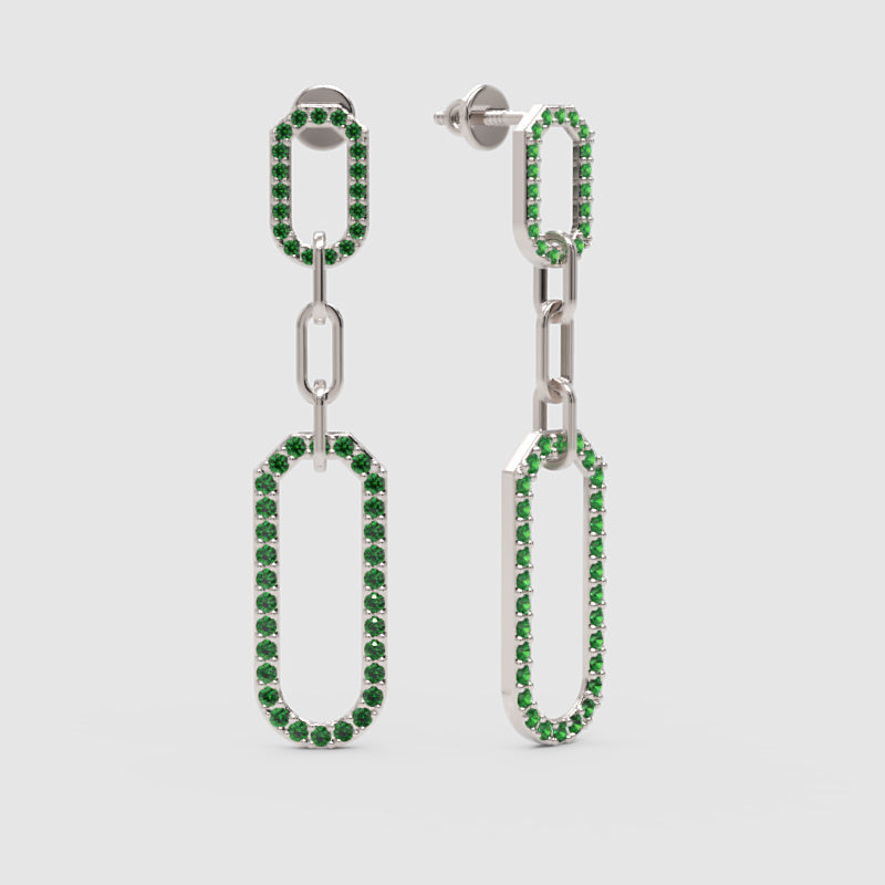 Green Lab Grown Gemstone Link Drop Earrings Pave Oval Chain Statement Dangle Design - Three