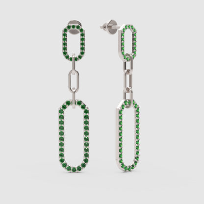 Green Lab Grown Gemstone Link Drop Earrings Pave Oval Chain Statement Dangle Design - Three