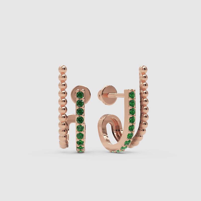 Emerald Beaded Double Hoop Stud Earrings - Three