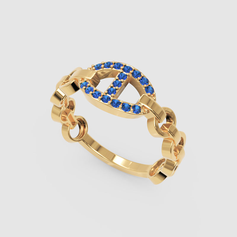 Blue Sapphire Oval Ring (Lab-Grown) | White Gold Chain Link Bar Design For Women | Jebij - Five