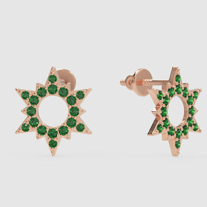 Emerald Star Burst Stud Earrings With Screw Back Closure - Three
