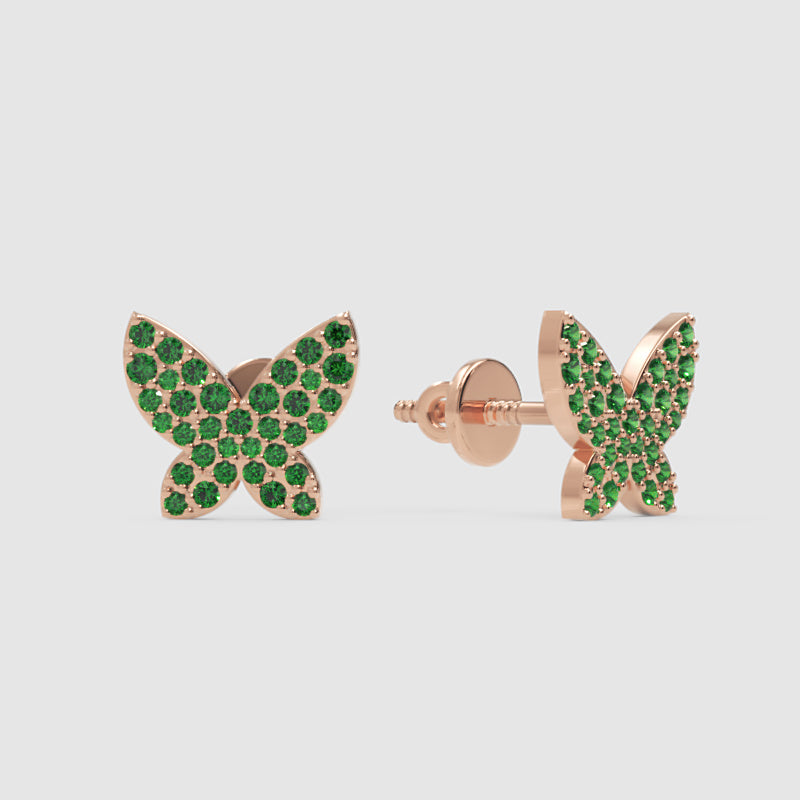 Emerald Butterfly Stud Earrings With Pav Setting - One