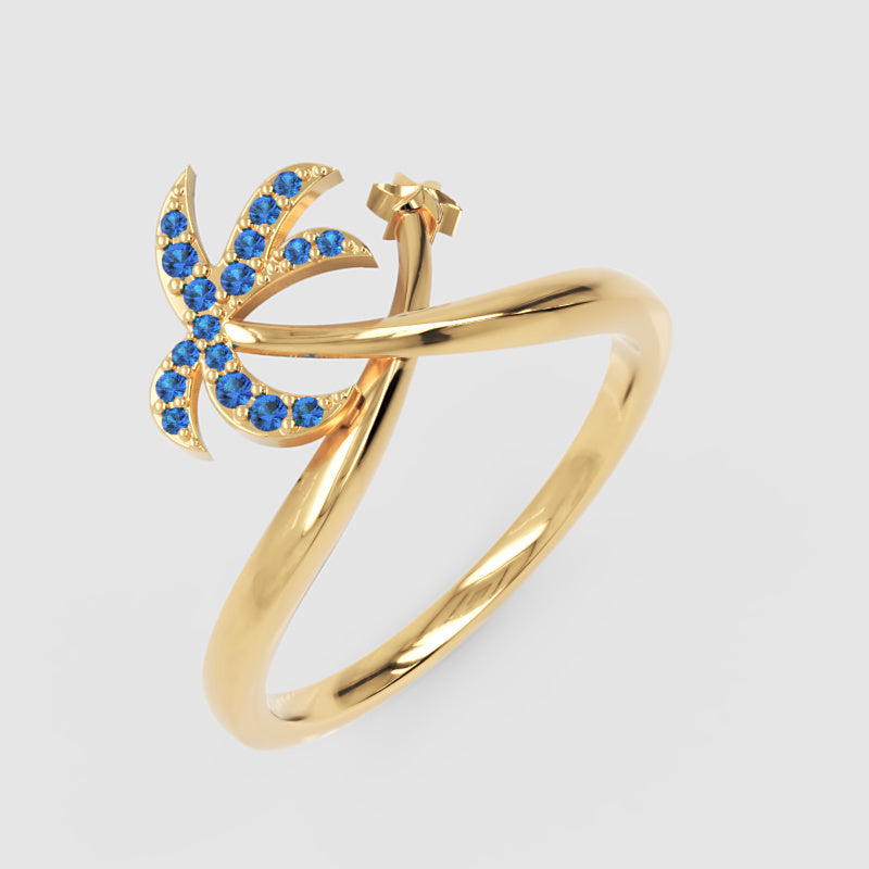Blue Stone Star & Crescent Moon Ring In White Gold - Six