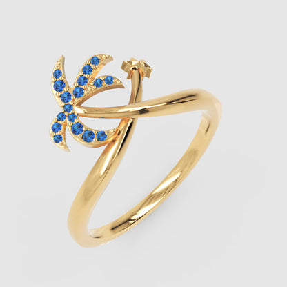Blue Stone Star & Crescent Moon Ring In White Gold - Six