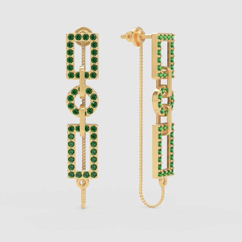 Geometric Green Gemstone Chain Link Drop Earrings - One