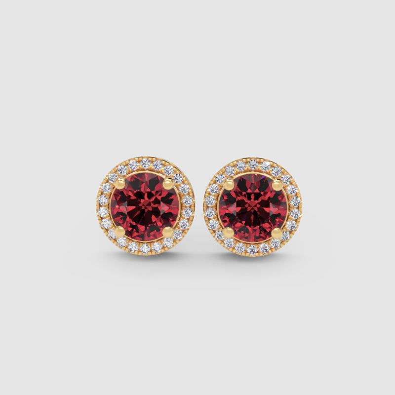 Ruby Red Round Halo Stud Earrings With Screw Back - Four