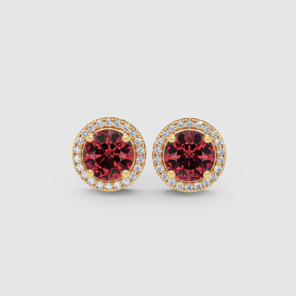 Ruby Red Round Halo Stud Earrings With Screw Back - Four