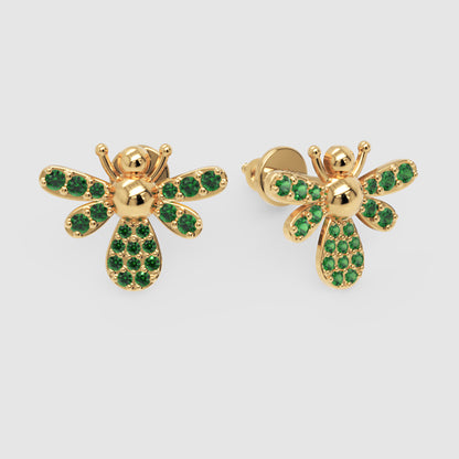 Emerald Bee Stud Earrings With Pav Wings - One