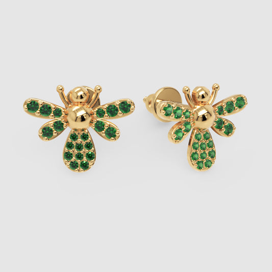 Emerald Bee Stud Earrings With Pav Wings - One