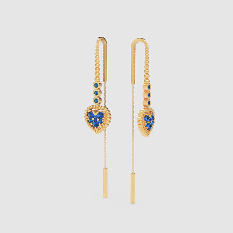 Blue Sapphire Heart Threader Earrings With Bar Drop - Five