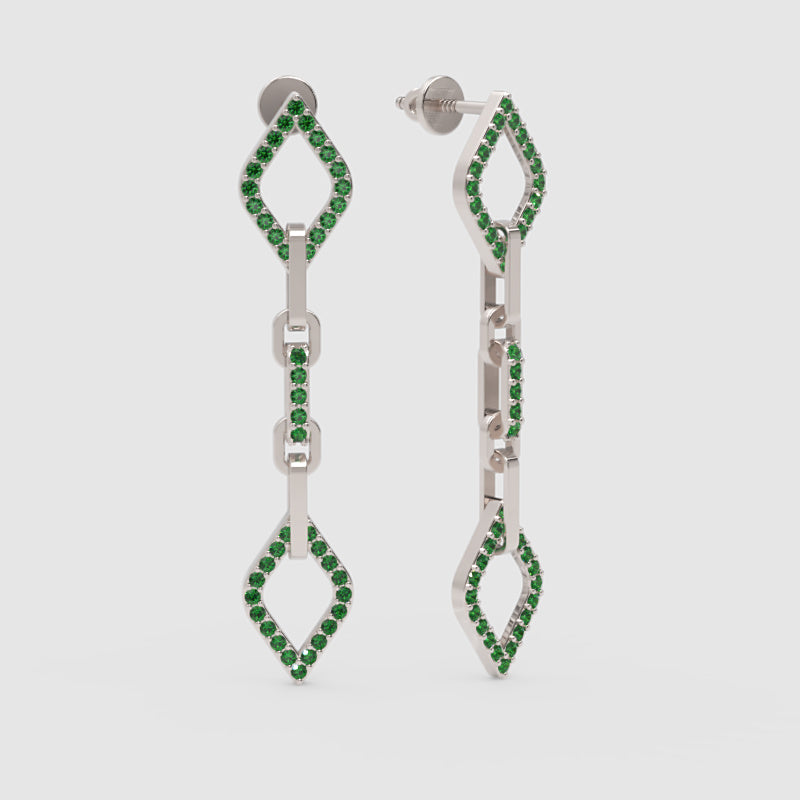 Emerald Chain Link Drop Earrings With Geometric Diamond Shapes - Three