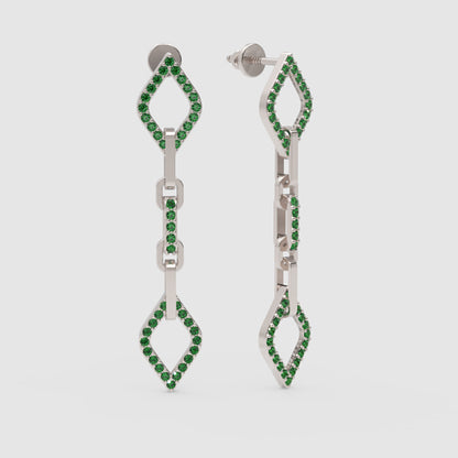 Emerald Chain Link Drop Earrings With Geometric Diamond Shapes - Three