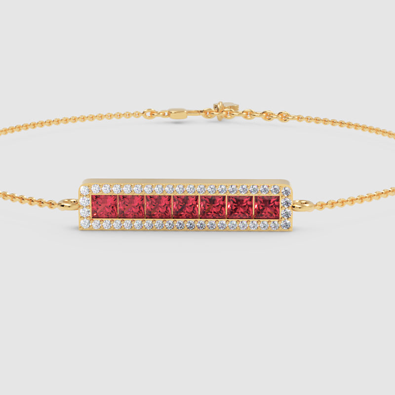 Princess Cut Ruby Bar Bracelet With Diamond Halo Chain Bracelet - Five
