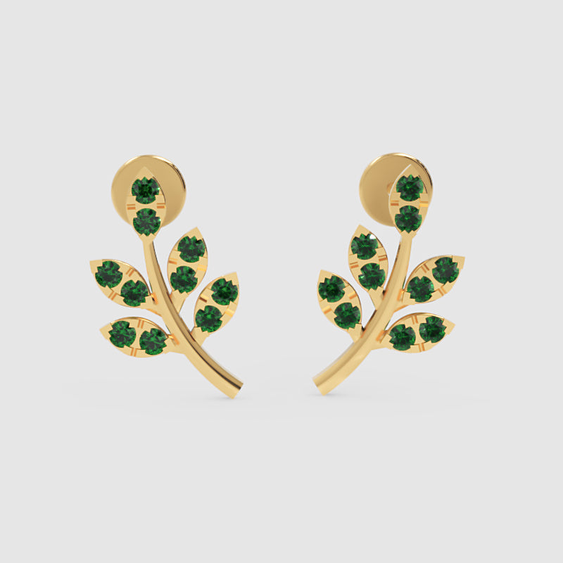 Emerald Leaf Branch Stud Earrings With Green Gemstones - One