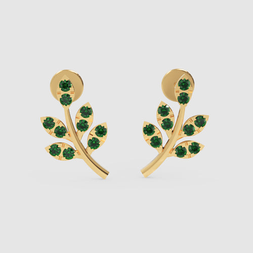 Emerald Leaf Branch Stud Earrings with Green Gemstones
