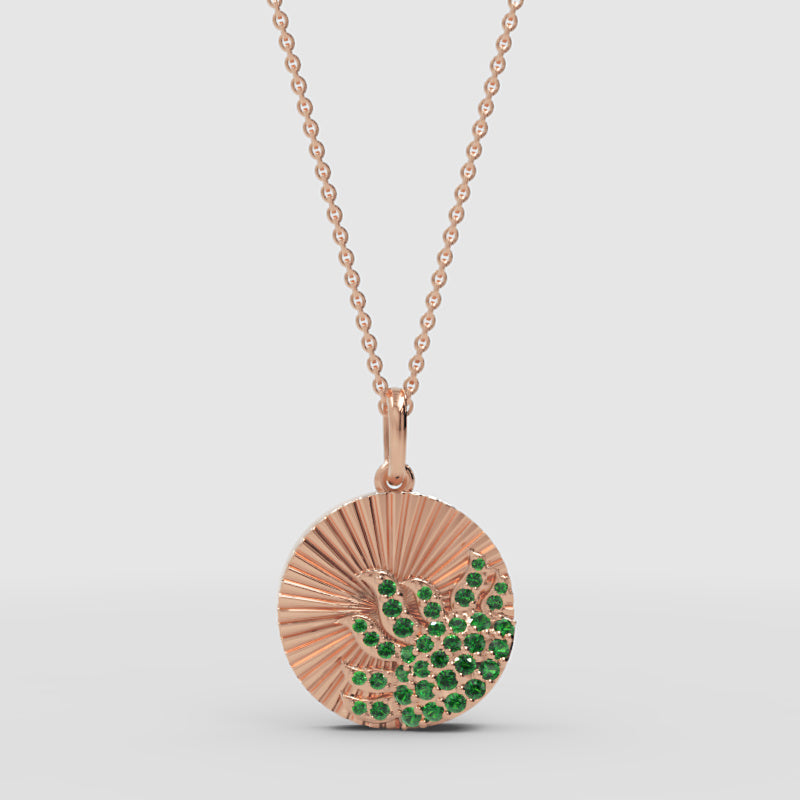 Sunburst Disc Pendant Necklace With Green Emerald Stones - Three