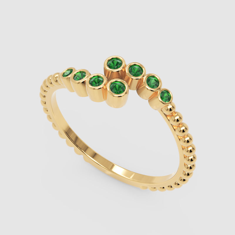Beaded Open Wrap Ring With Green Emerald Stones - Five