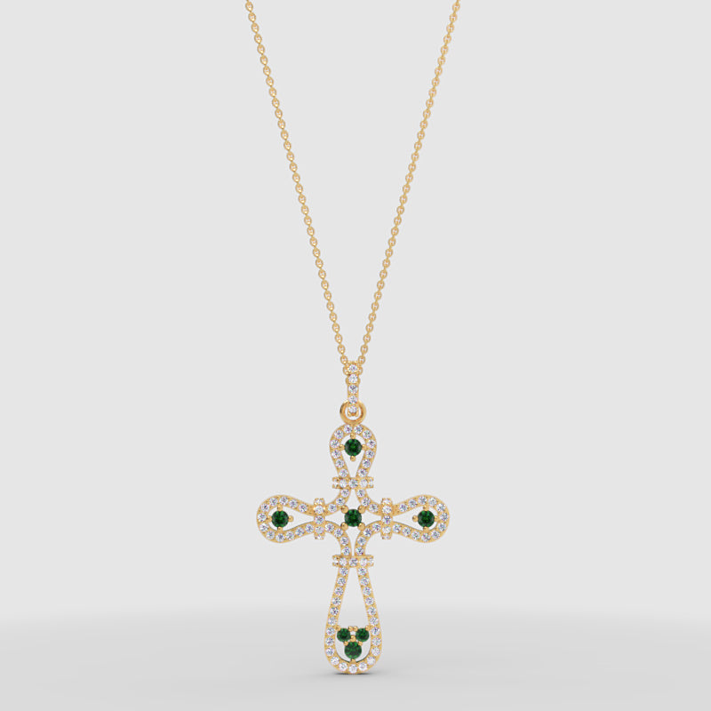 Emerald And Crystal Ornate Cross Pendant Necklace - One