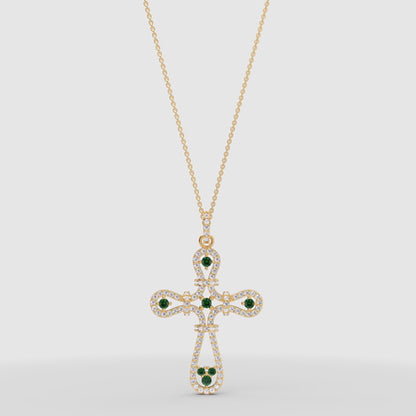 Emerald And Crystal Ornate Cross Pendant Necklace - One