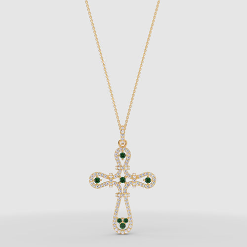 Emerald and Crystal Ornate Cross Pendant Necklace