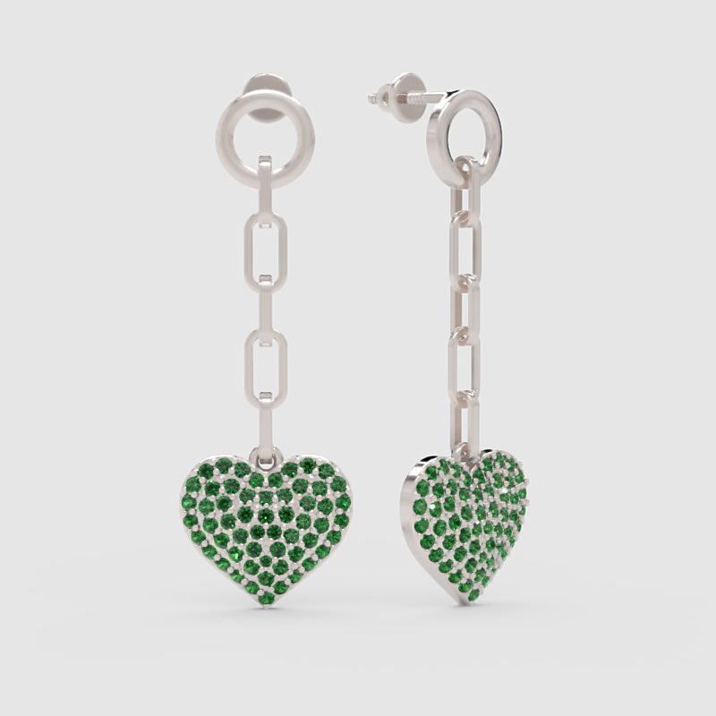 Emerald Pav Heart Chain Link Drop Earrings - Three