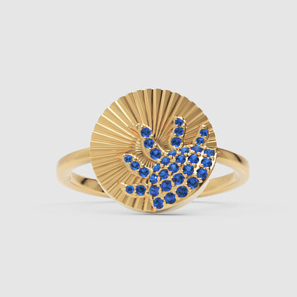 Blue Sapphire Wave Ring With Textured Sunburst Design - Six