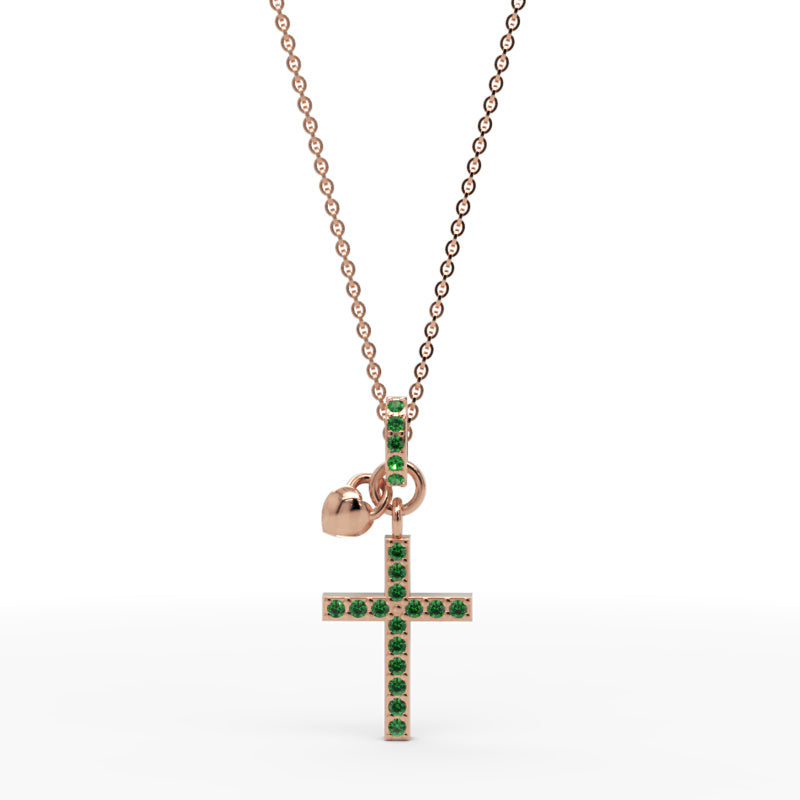 Emerald Cross Pendant Necklace With Heart Charm - Two