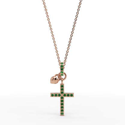 Emerald Cross Pendant Necklace With Heart Charm - Two