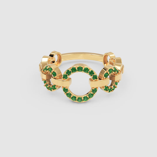 Emerald Multi-Link Circular Ring In Yellow Gold | Double Pave Interlocking Chain Statement Luxury Ring For Women | Jebij - One