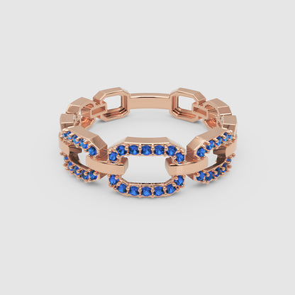 Blue Sapphire Chain Link Ring In White Gold | Double Pave Interlocking Statement Luxury Ring For Women | Jebij - Six