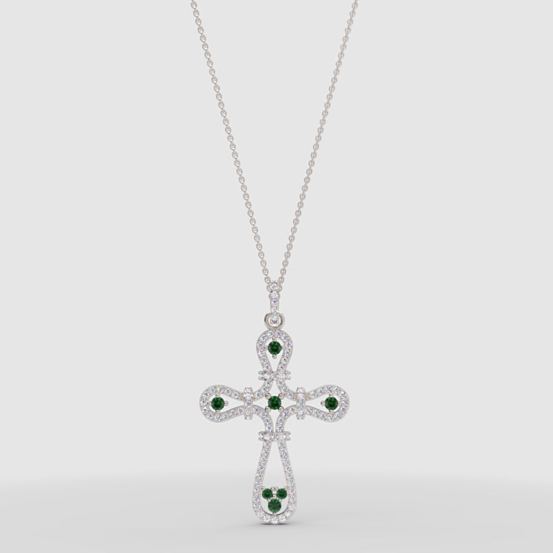 Emerald And Crystal Ornate Cross Pendant Necklace - Three