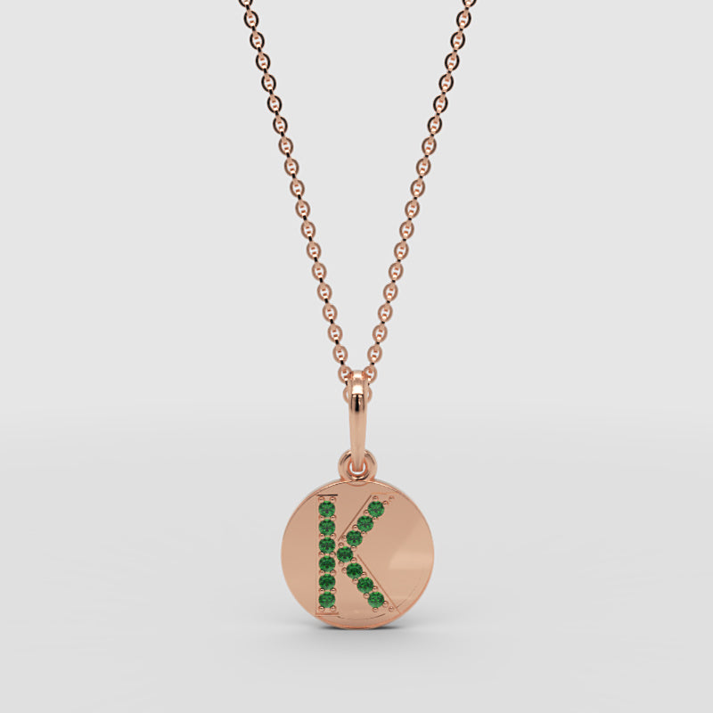 Personalized K Letter Pendant Necklace In Yellow Gold With Green Stones - Three