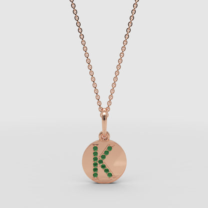 Personalized K Letter Pendant Necklace In Yellow Gold With Green Stones - Three