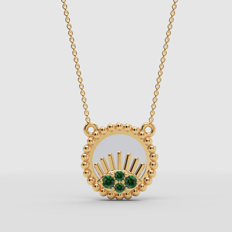 Beaded Evil Eye Pendant Necklace With Green Stones And Baguette Accents - Three