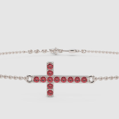 Sideways Cross Bracelet With Pink Crystal Stones Rose Tone Chain - Six