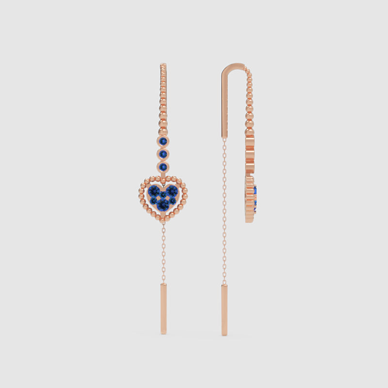 Blue Sapphire Heart Threader Earrings With Bar Drop - Six