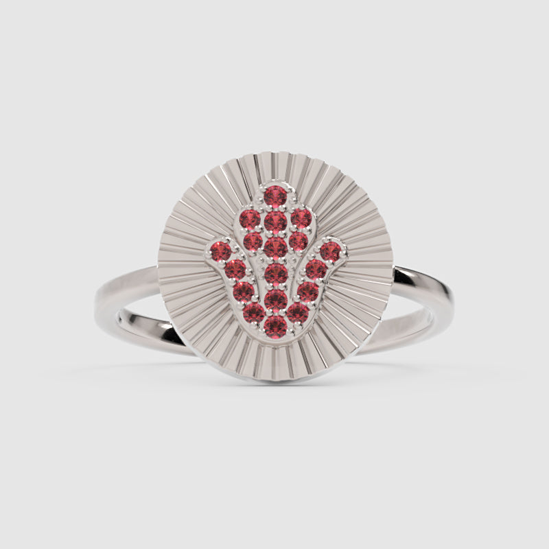 Ruby Hamsa Hand Disc Ring With Sunburst Detail - Six