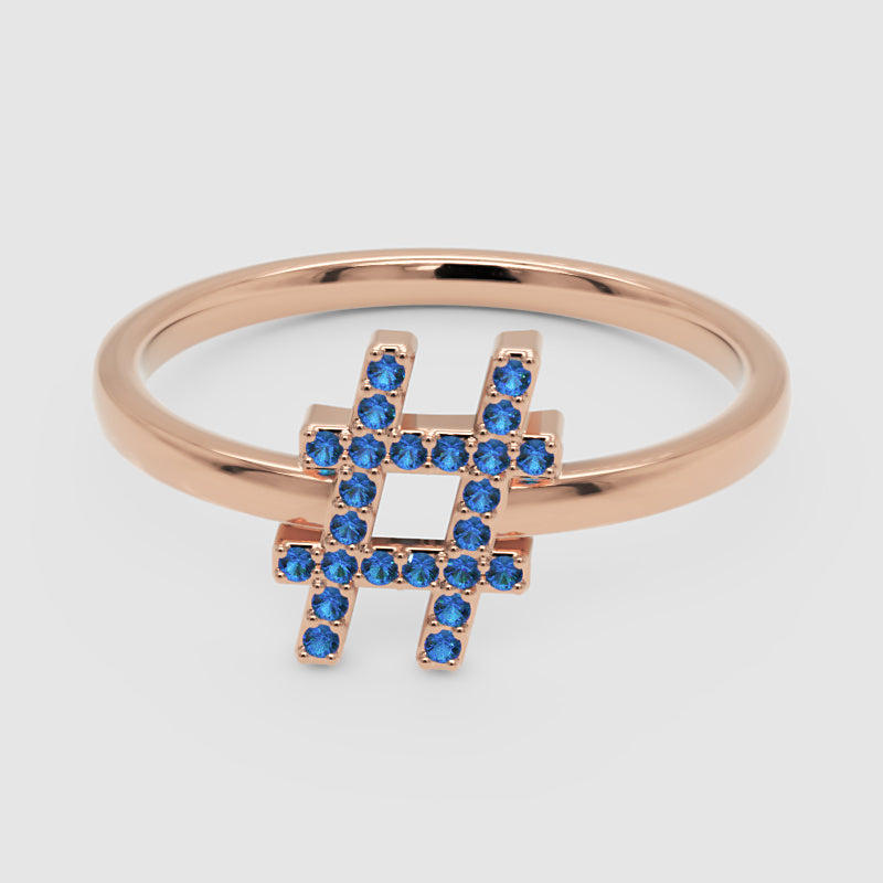 Blue Sapphire Hashtag Symbol Ring With Pav Stones - Six