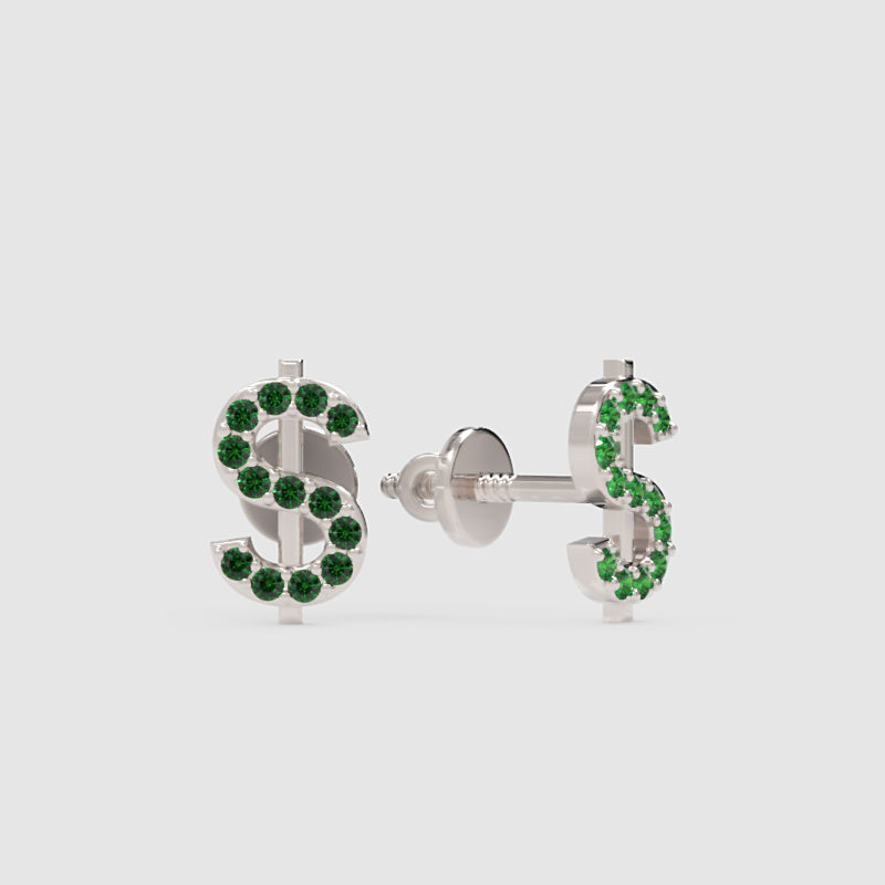 Dollar Sign Stud Earrings With Green Crystals Screw Back Closure - Three