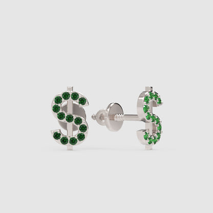 Dollar Sign Stud Earrings With Green Crystals Screw Back Closure - Three